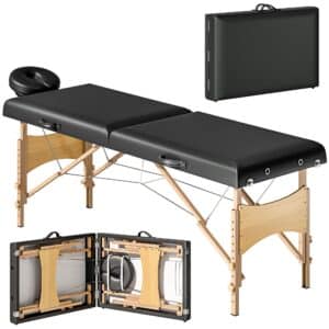 Højdejusterbar massagebriks, træstel, foldbar massageseng, skumpolstring, sort