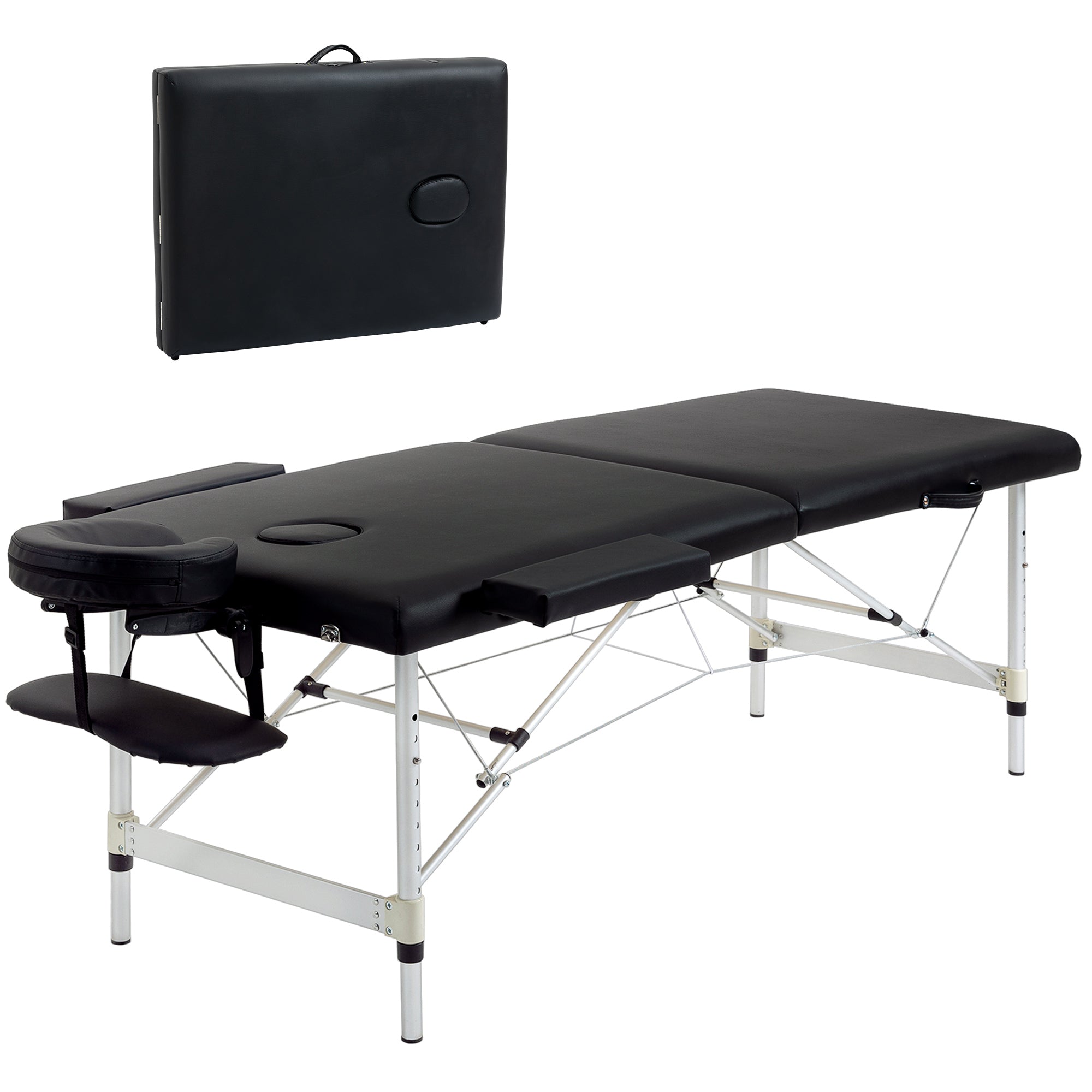 Massagebriks, 2-zoners foldbar massagebriks med kunstlæder, nakkestøtte, armlæn, taske, højdejusterbar massagebænk 90 cm bred, lasteevne op til 225 kg, sort